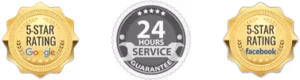 5 Star Google Rating, 24 Hours Service Guarantee, 5 Star Facebook Rating Home Hero Badge